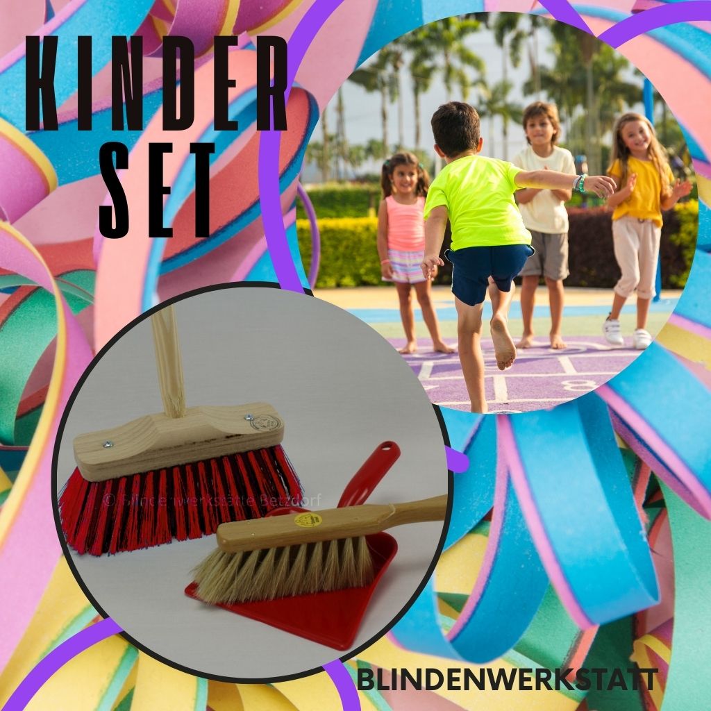 Kinderset aus der Blindenwerkstatt – Besen, Handfeger und Handschuhe