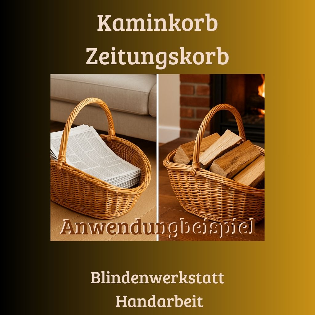 Handgeflochtener Kaminkorb aus der Blindenwerkstatt – ideal für Kaminholz, abgebildet mit Holz.